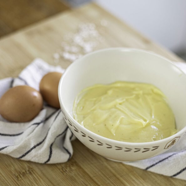 Bowl of homemade creamy mayonnaise