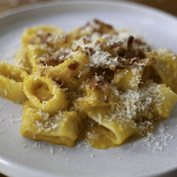 Butternut and guanciale calamarata pasta with parmesan