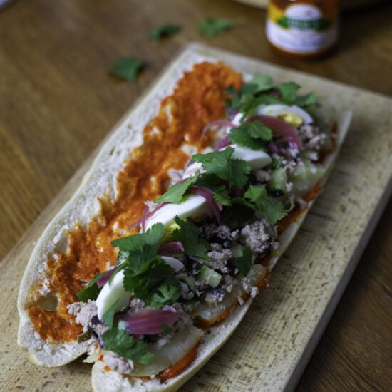 Tunisian-inspired tuna sandwich (“fricassé” in a baguette)