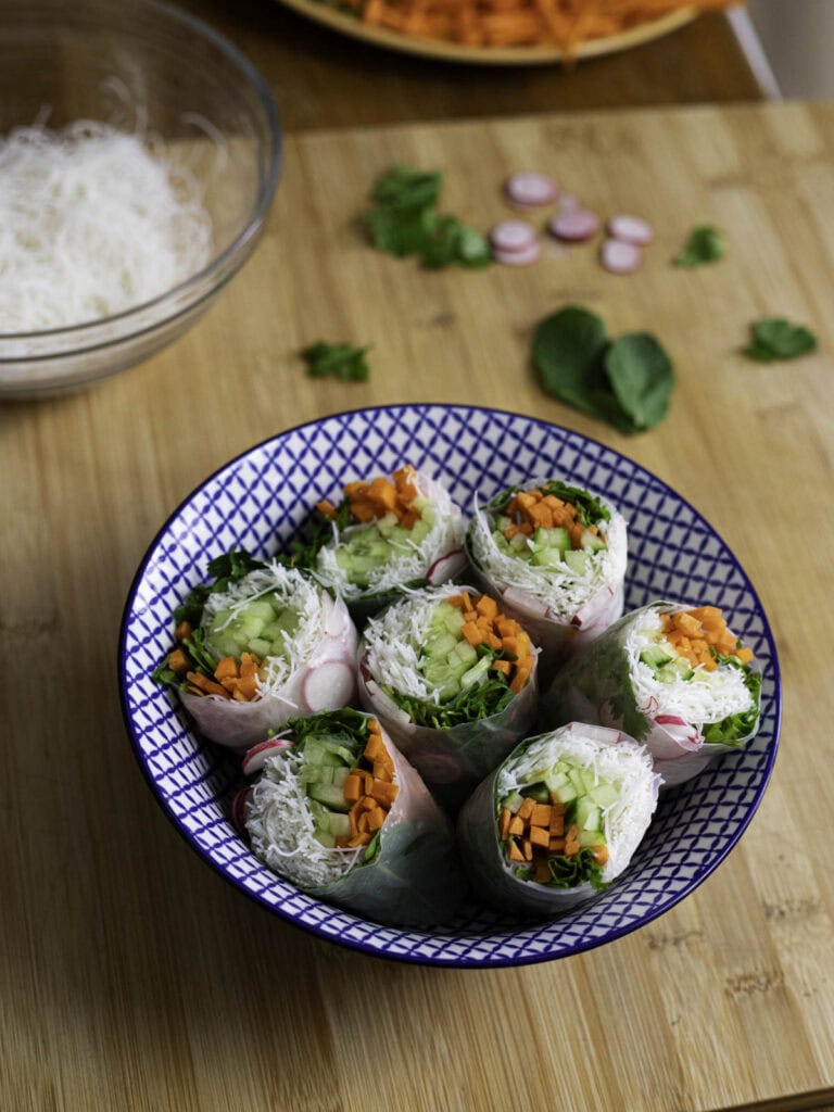 Vegan spring rolls with peanut butter sauce