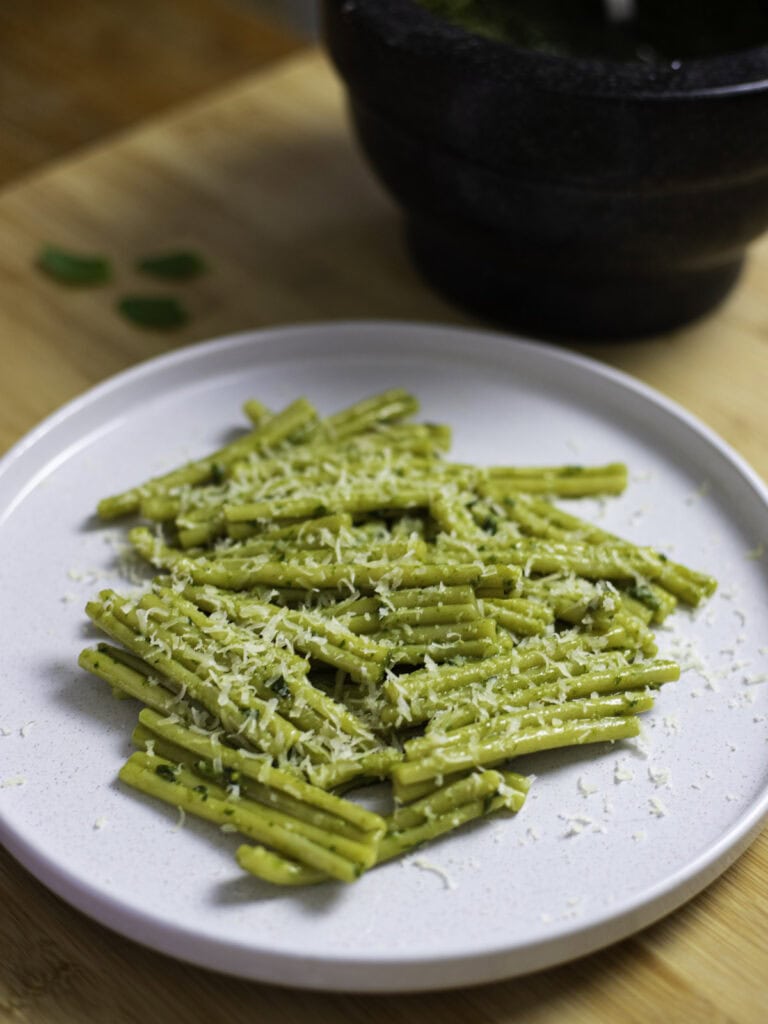 Pasta (trofie) with a mortar-and-pestle pesto sauce