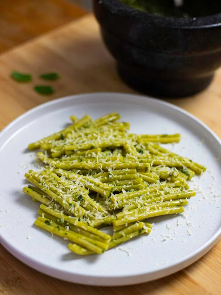 Pasta (trofie) with a mortar-and-pestle pesto sauce