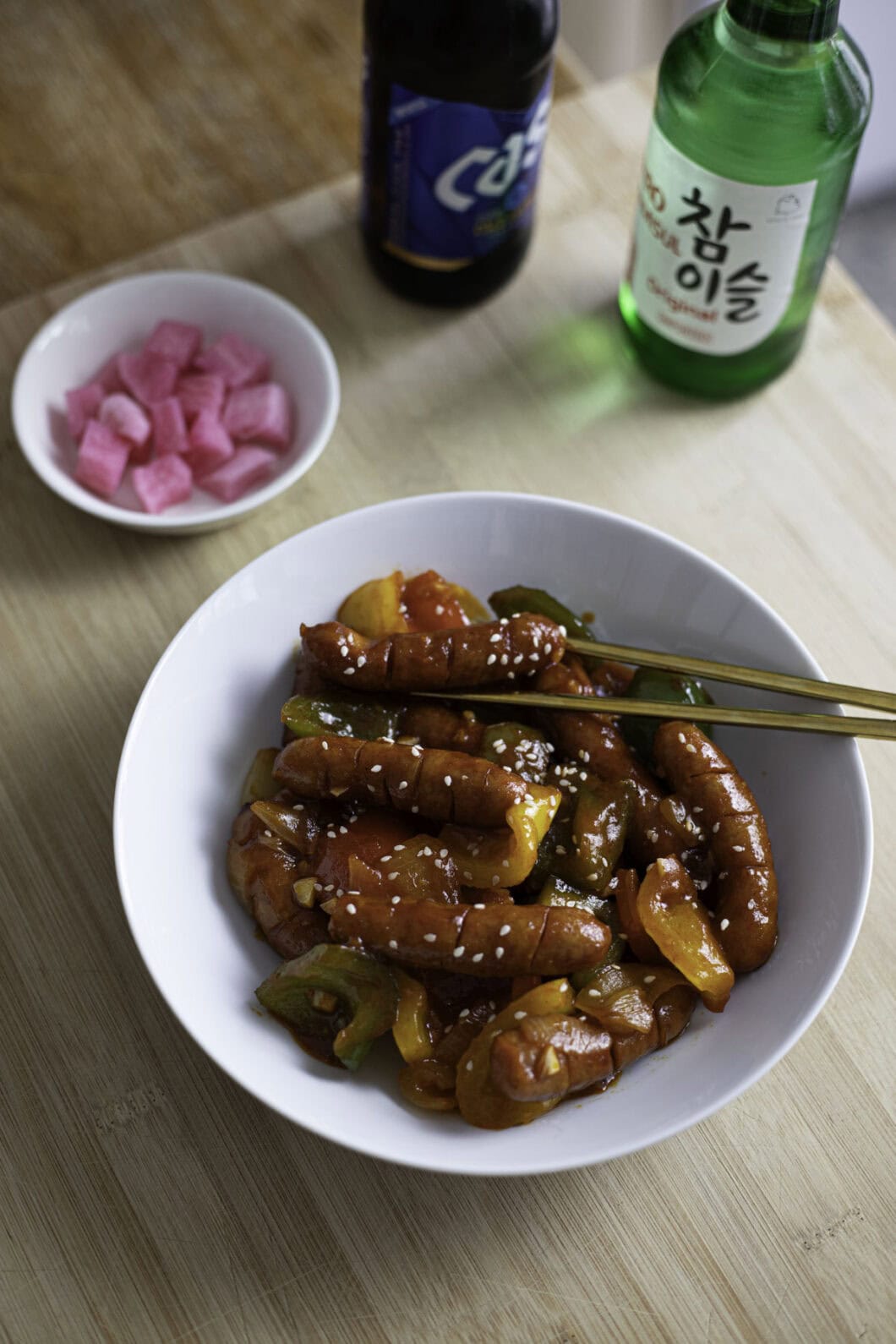 Stir fried Korean mini sausage with bell peppers