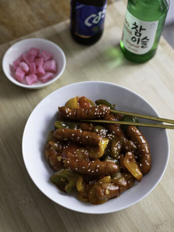 Stir fried Korean mini sausage with bell peppers