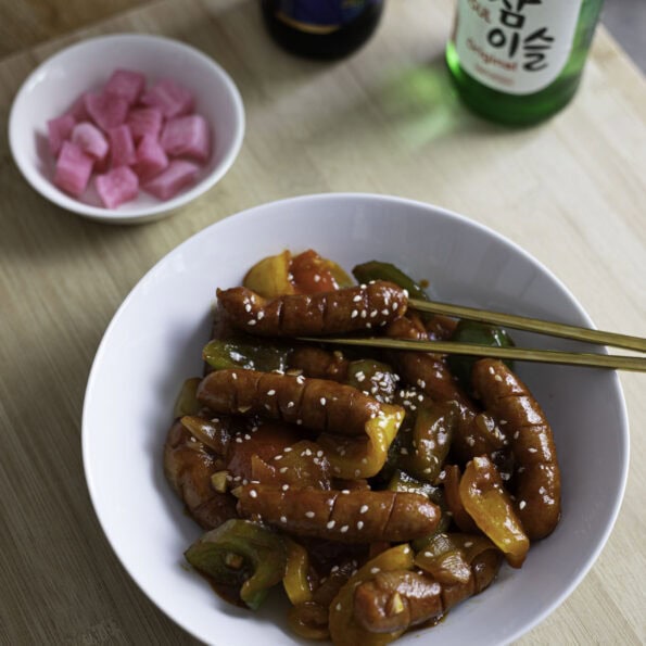 Stir fried Korean mini sausage with bell peppers