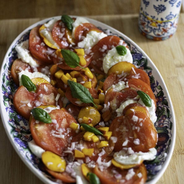 Tomatoes, mozzarella, nectarines, shallots, basil