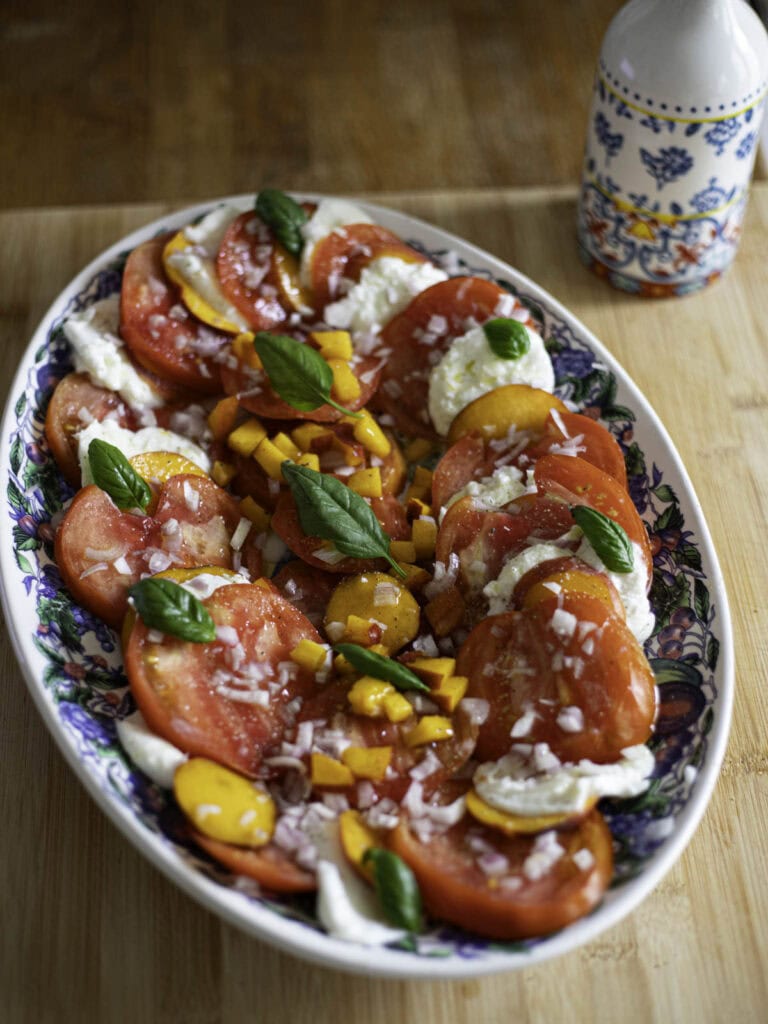 Tomatoes, mozzarella, nectarines, shallots, basil