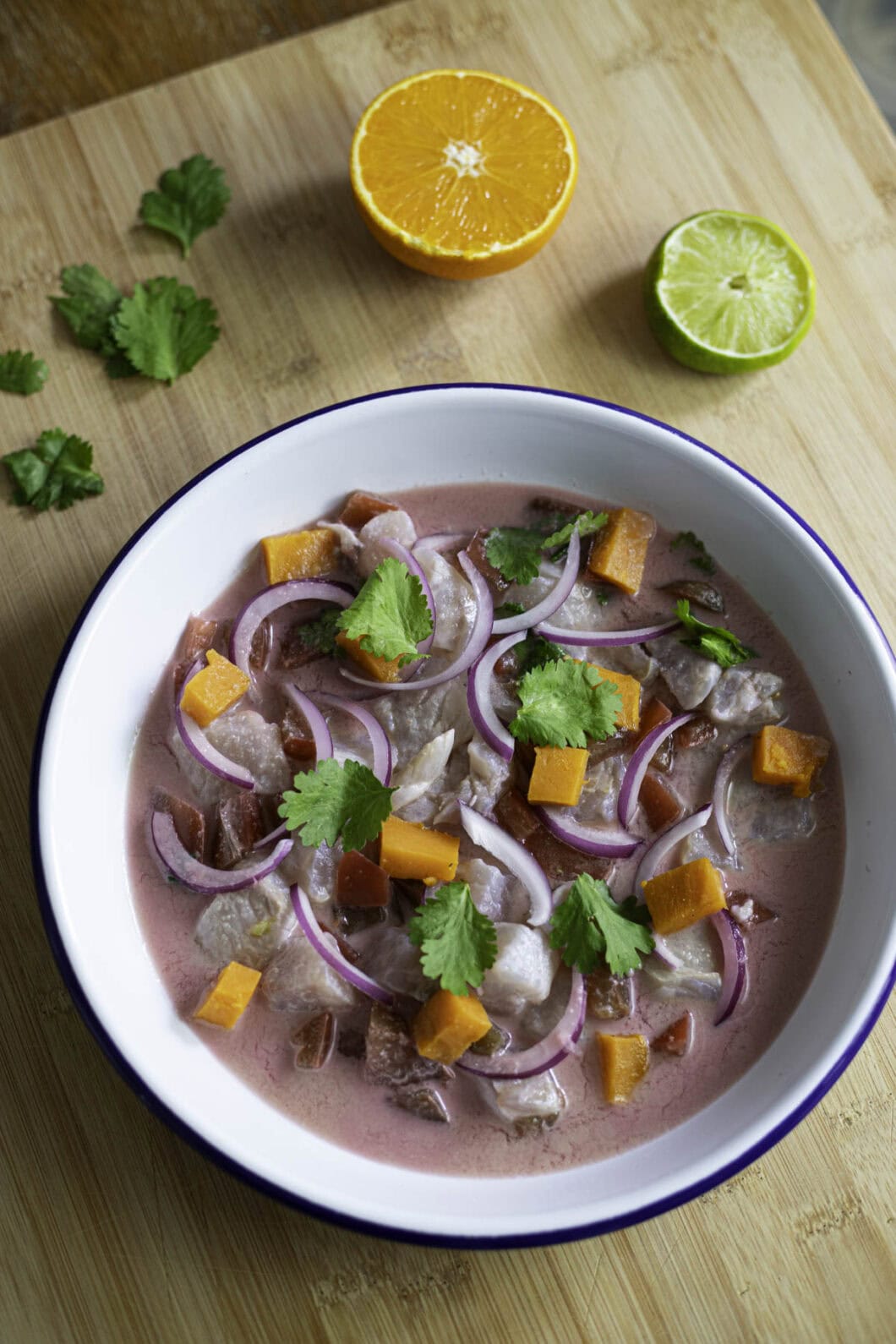 Peruvian Pink Ceviche with tomatoes, sweet potatoes, red onion and cilantro