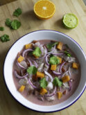 Peruvian Pink Ceviche with tomatoes, sweet potatoes, red onion and cilantro