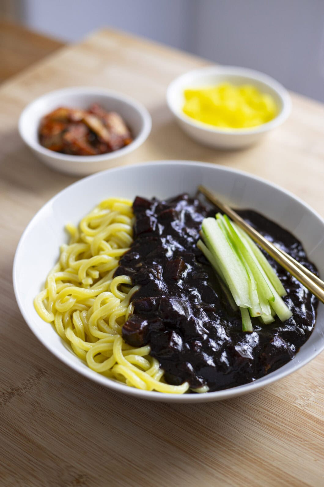 Jjajangmyeon (Korean thick noodles with glossy black bean sauce)