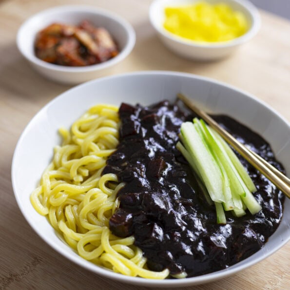 Jjajangmyeon (Korean thick noodles with glossy black bean sauce)