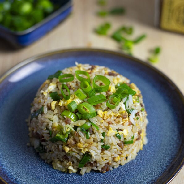 Miso pork fried rice with eggs and green onions