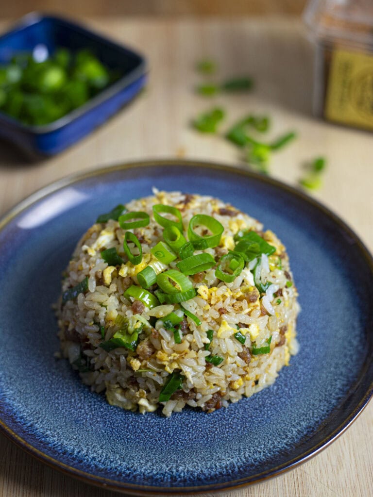 Miso pork fried rice with eggs and green onions