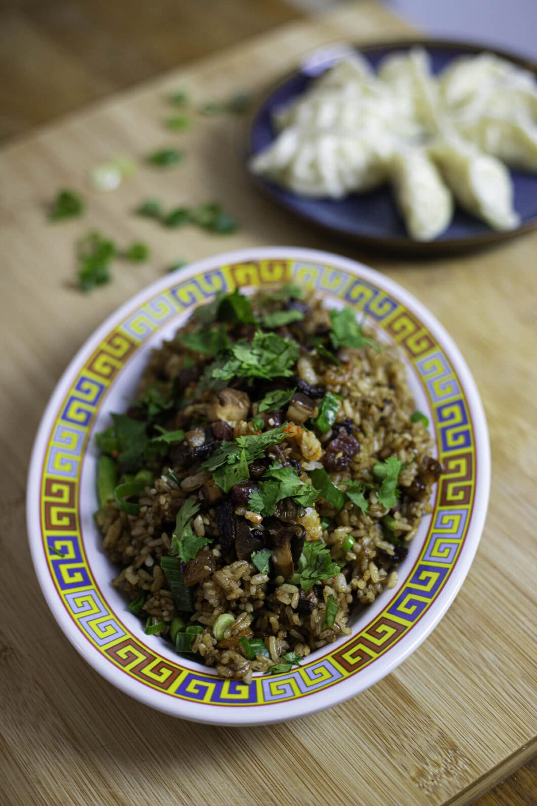 Cantonese sticky fried rice with Lap Cheong and cured pork belly, topped with cilantro leaves