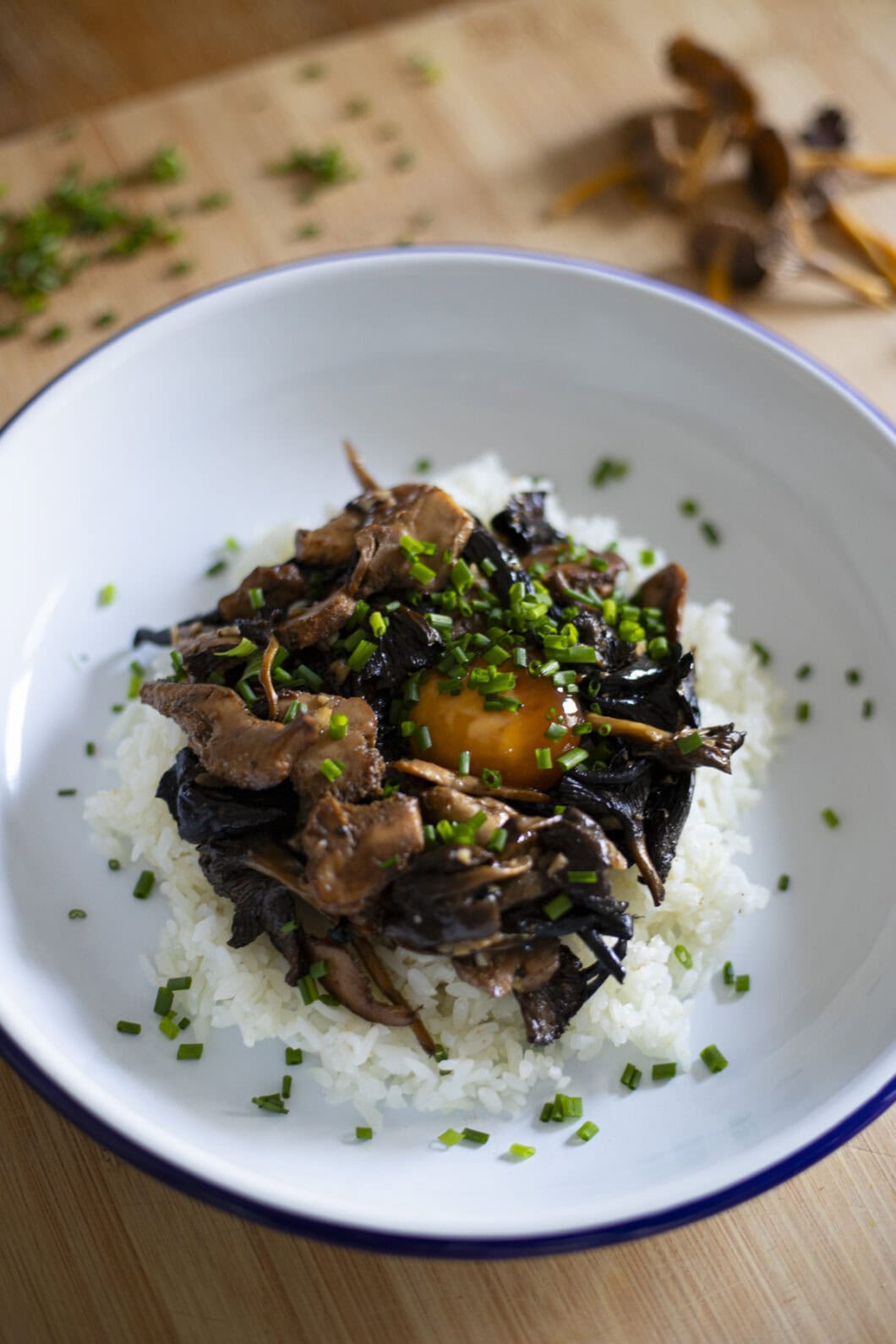 Mushroom donburi - Rice bowl with mushrooms and a soy cured egg yolk