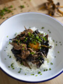 Mushroom donburi - Rice bowl with mushrooms and a soy cured egg yolk