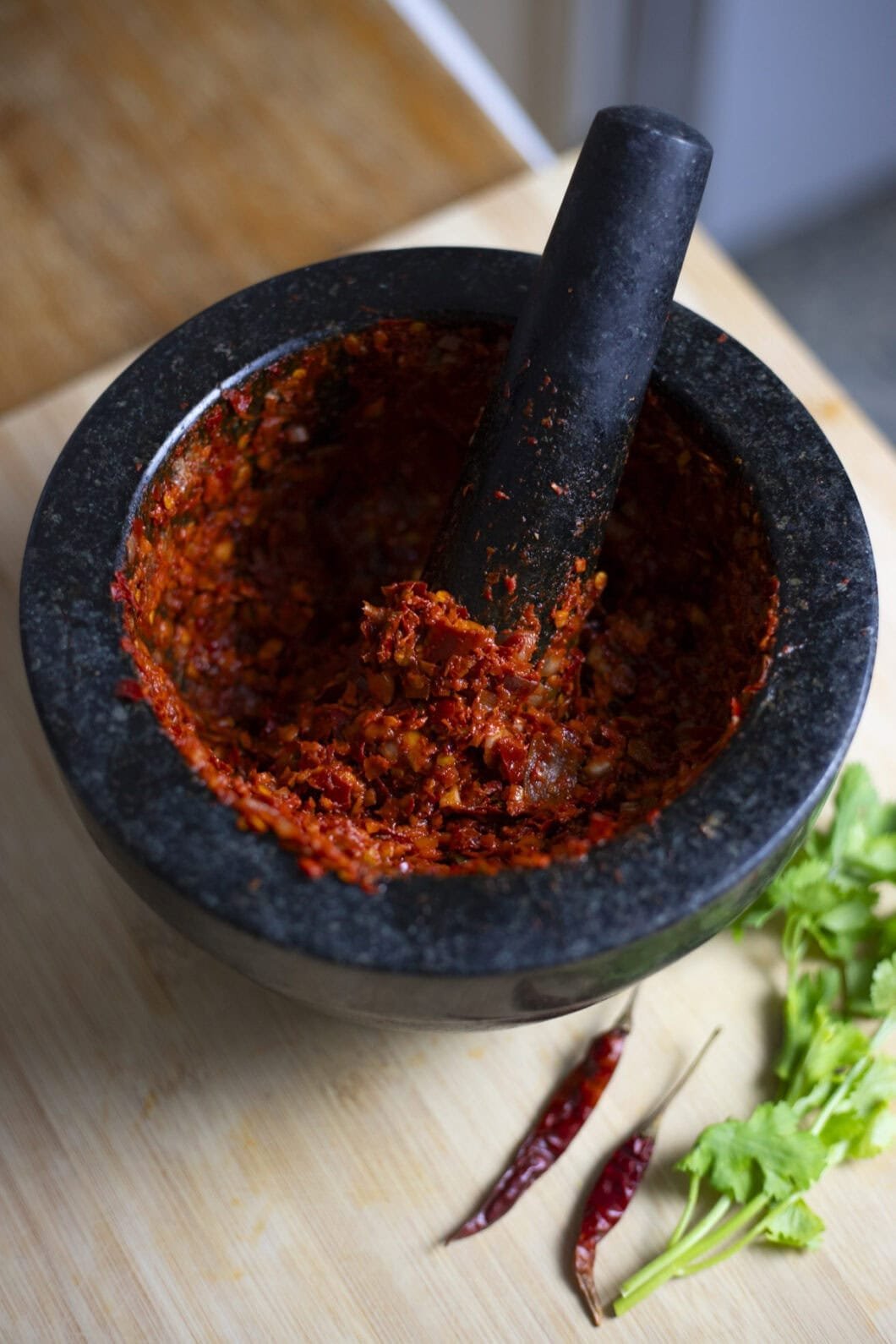 Thai Red Curry paste in a mortar
