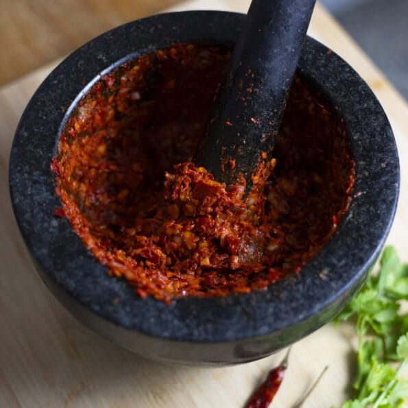Thai Red Curry paste in a mortar