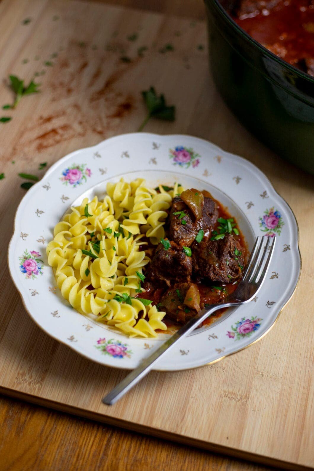 Hungarian paprika and beef stew (Porkolt) with egg pasta