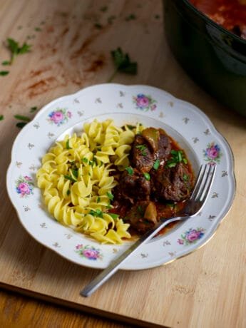 Hungarian paprika and beef stew (Porkolt) with egg pasta