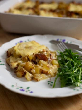 Zoomed image of a serving of Tartiflette, a French potato gratin with Reblochon cheese, with a side of salad