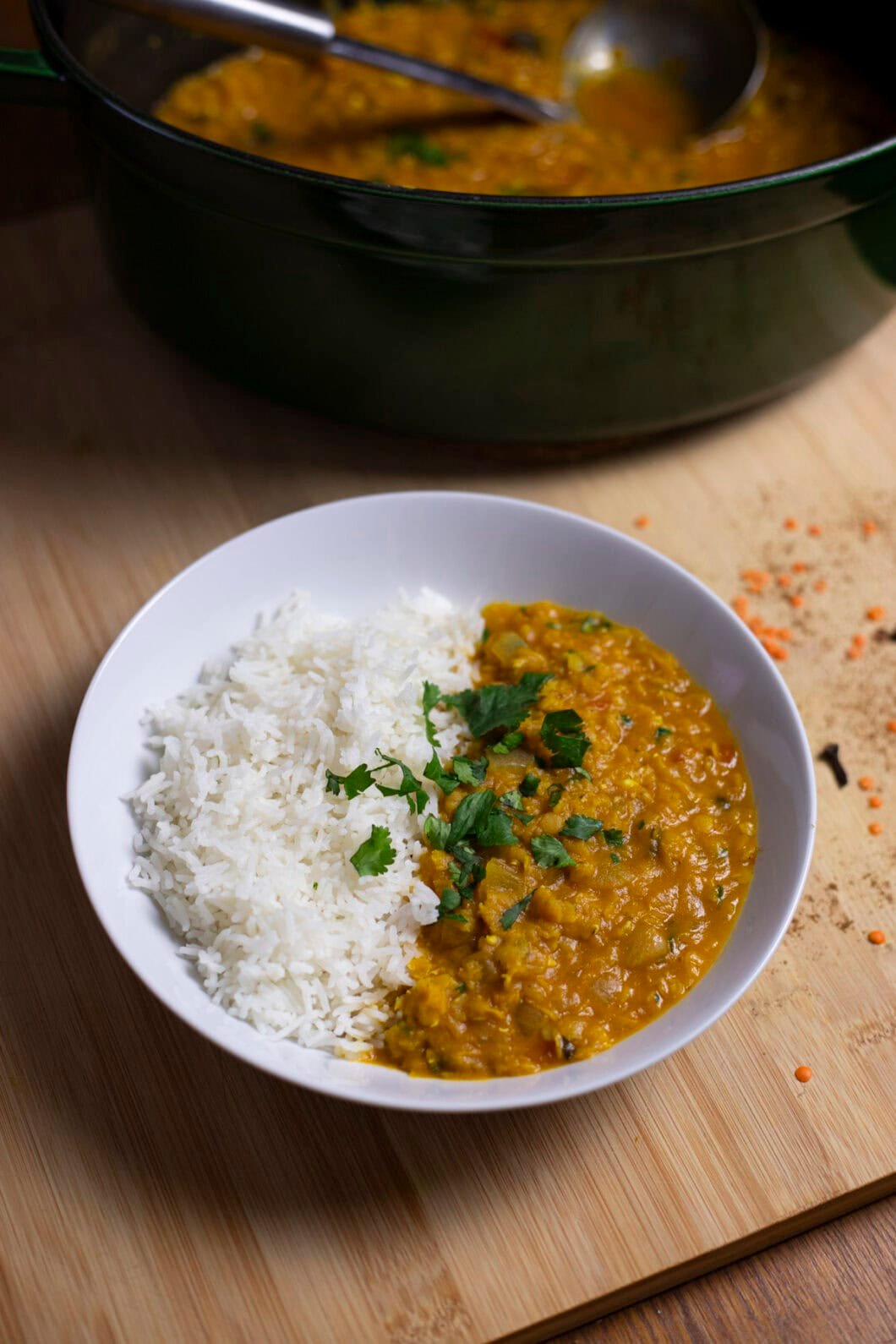 Red lentil stew (masoor dal) with basmati rice, topped with cilantro