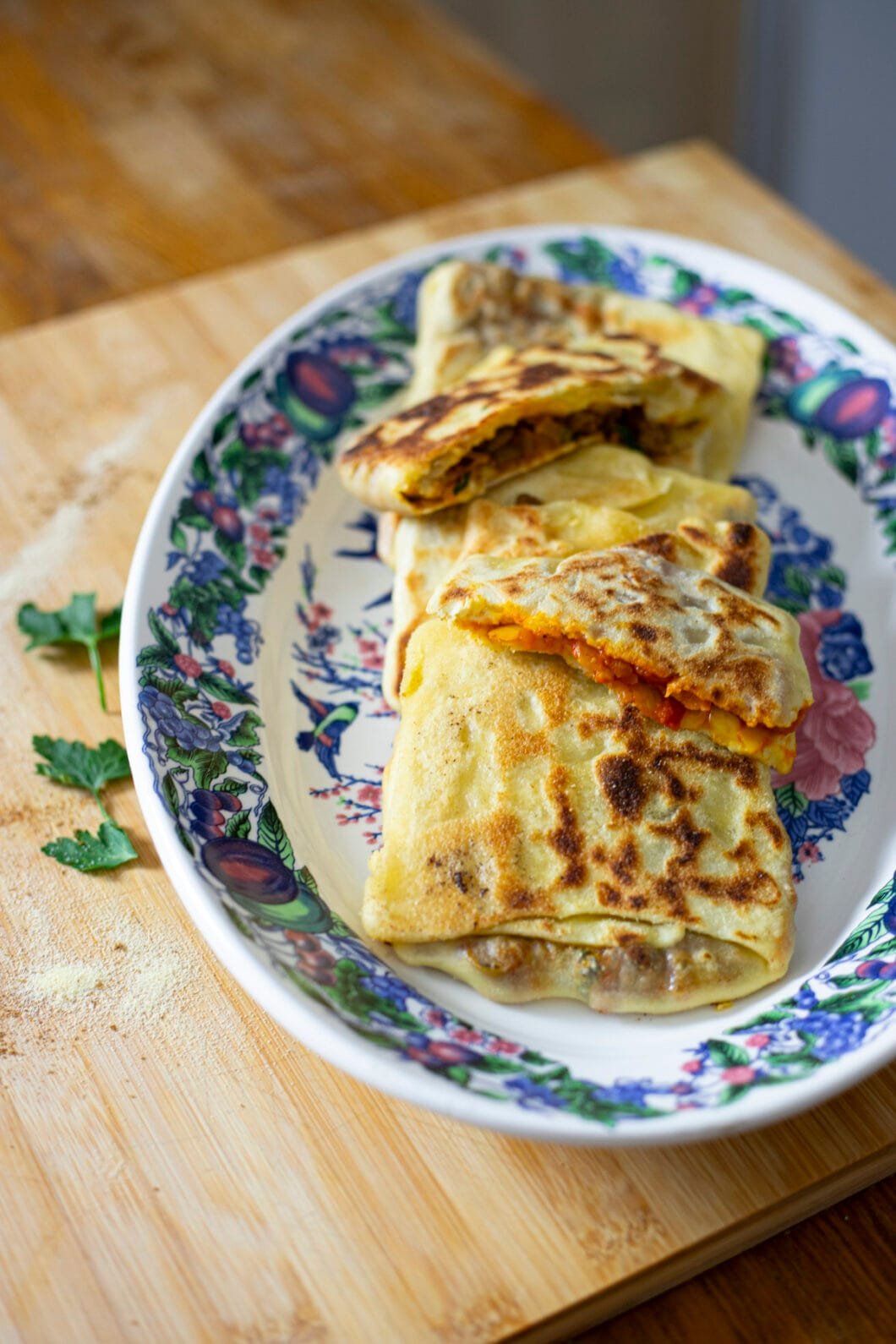 Savoury Msemen (Mhajeb), some with tomato and onion, some with kefta