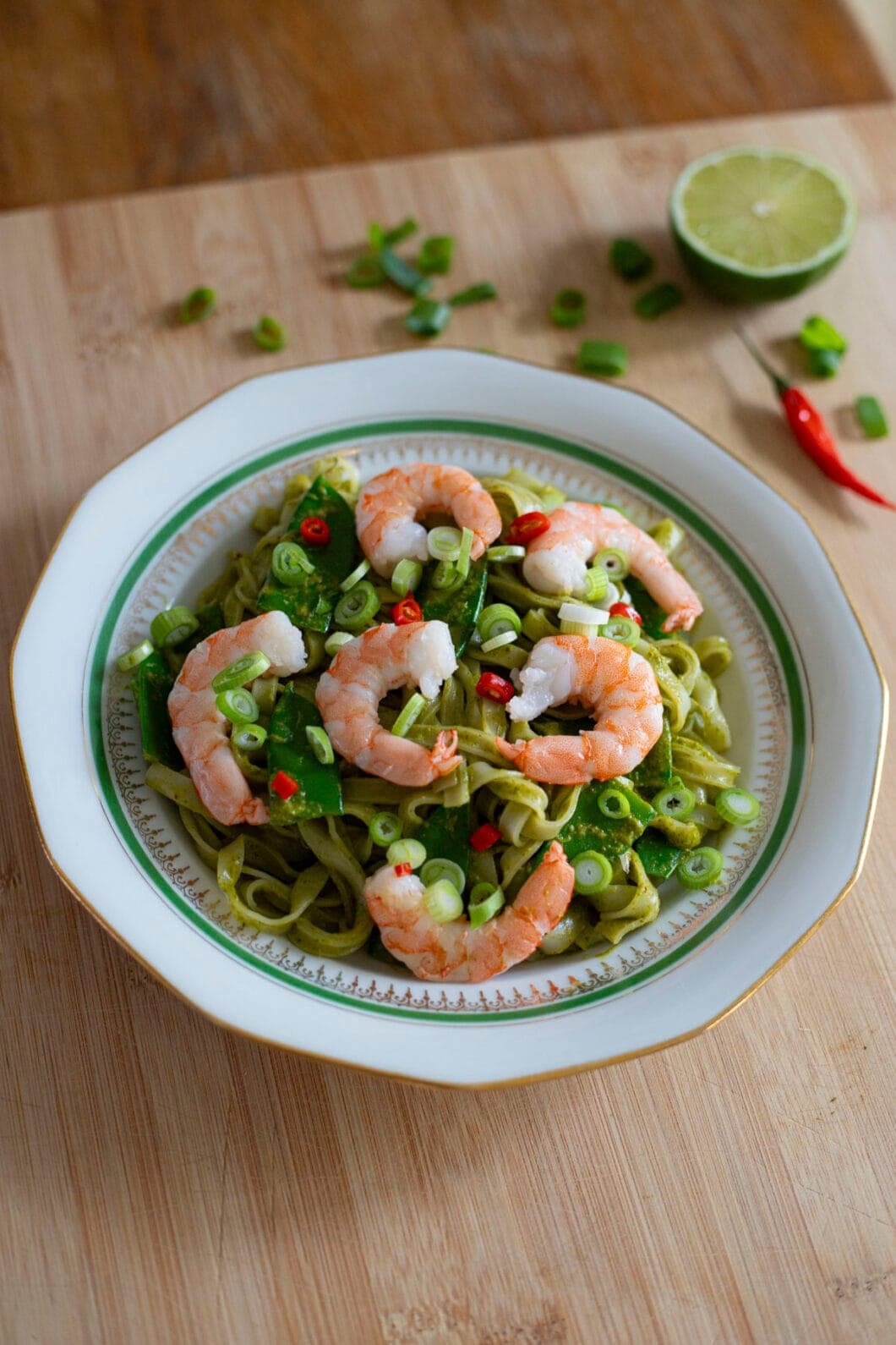 Shrimp noodle salad with a Thai-inspired green sauce and green onions