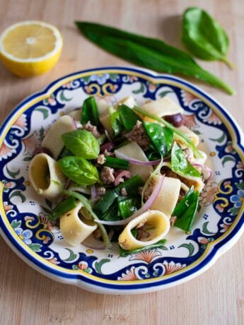 Umami Tuna pasta salad with snap peas, red onions, basil and wild garlic