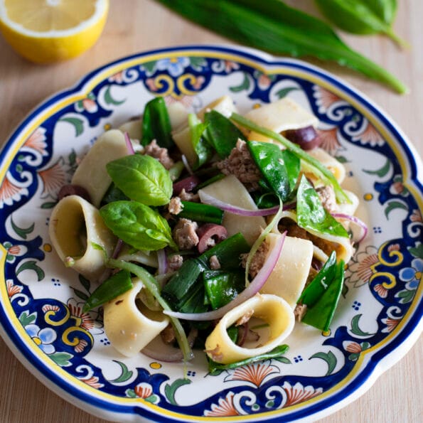 Umami Tuna pasta salad with snap peas, red onions, basil and wild garlic