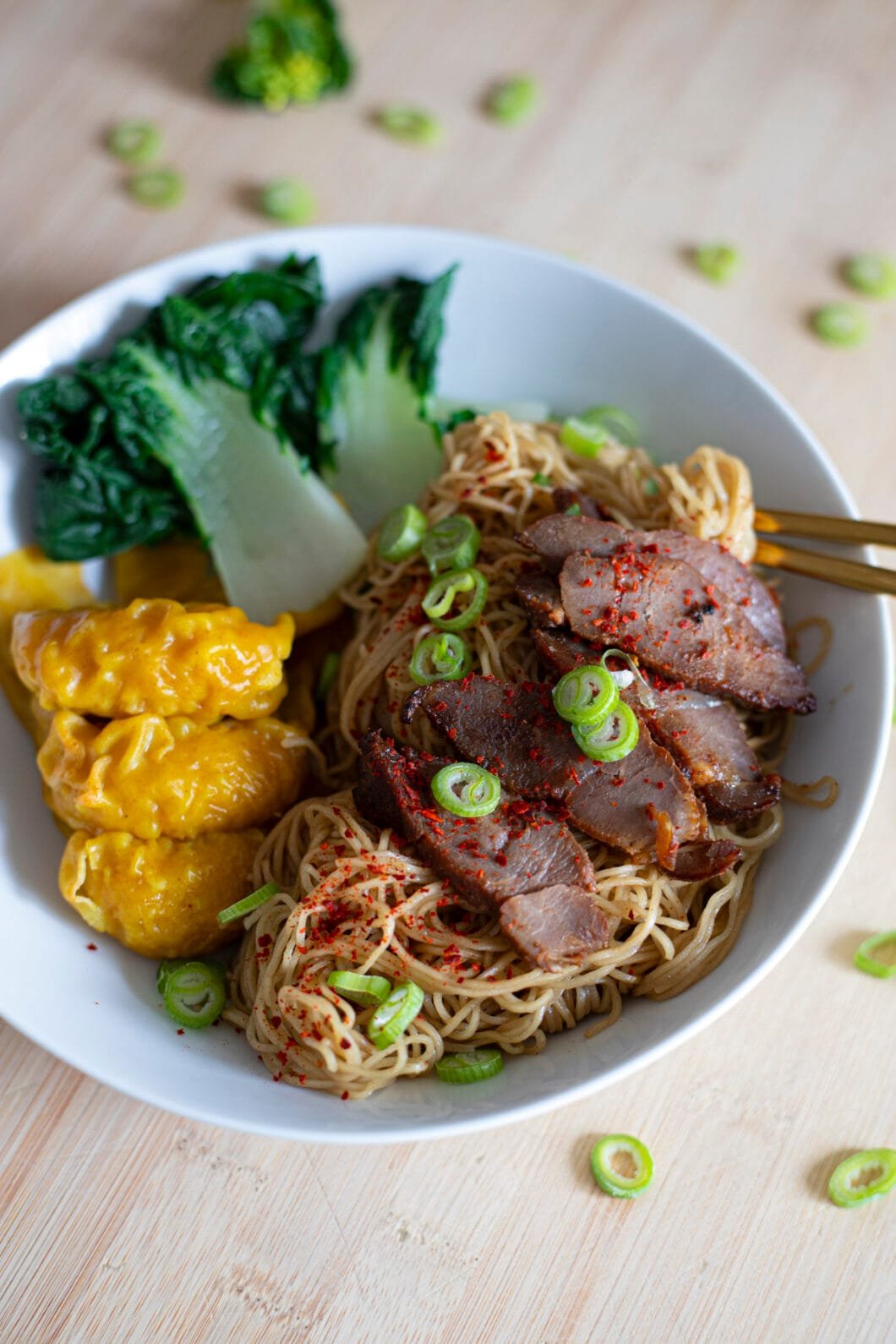 Dry Char Siu Noodles with wontons and baby bok choy