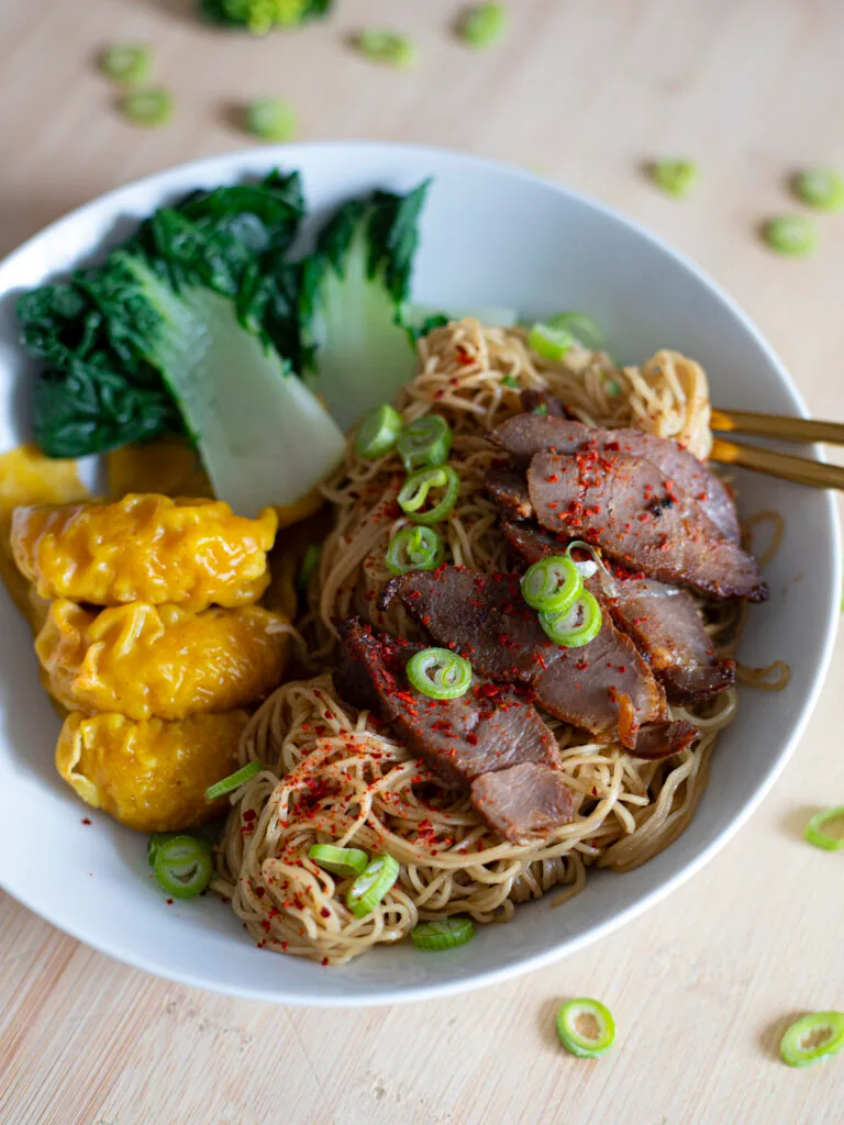 Dry Char Siu Noodles with wontons and baby bok choy