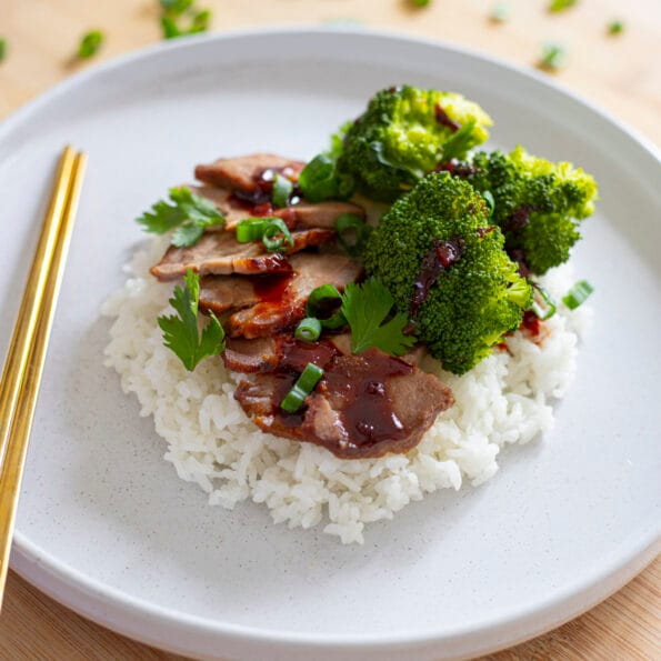 Charsiu Pork with red sauce and rice and broccoli