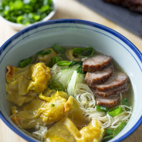 Char Siu Noodle Soup with wontons, pak choi and wonton noodles