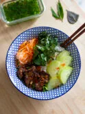 Bun Thit Nuong : Vietnamese rice vermicelli with grilled pork in a lemongrass marinade, Do Chua, cucumbers, salad