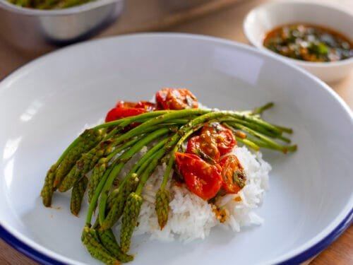 Wild Asparagus, Tomatoes, Sharmoula