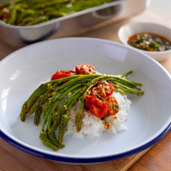 Wild Asparagus, Tomatoes, Sharmoula