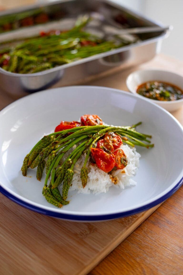 Wild Asparagus, Tomatoes, Sharmoula