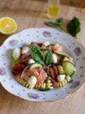 Salmon pasta salad with mozzarella, cucumber, tomatoes, red onions and basil