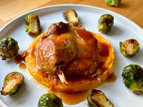 Duck Confit, Butternut Purée & Roasted Brussels Sprouts