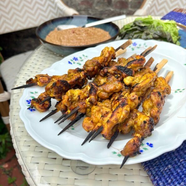 BBQ Chicken satay skewers, peanut sauce, ajaad and lettuce