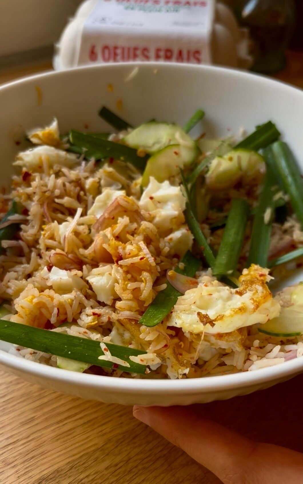 Thai eggs & rice with cucumber, shallots, chives