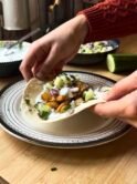 gyros tacos - tacos with potatoes, chicken, garlic yogurt, cucumber, onion, parsley and dill