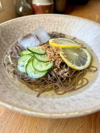 Soba noodles in a very clear broth, topped with extra thin cucumber slices and lemon slices, sesame seeds and two ice cubes