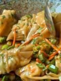 Wonton salad coated in a luscious oily sauce, topped with carrots, cucumber, cilantro, scallions