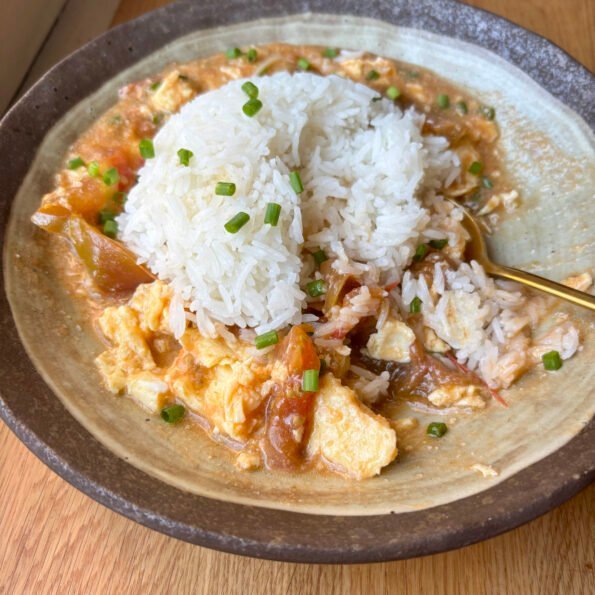 Saucy tomato & eggs with white rice and scallions