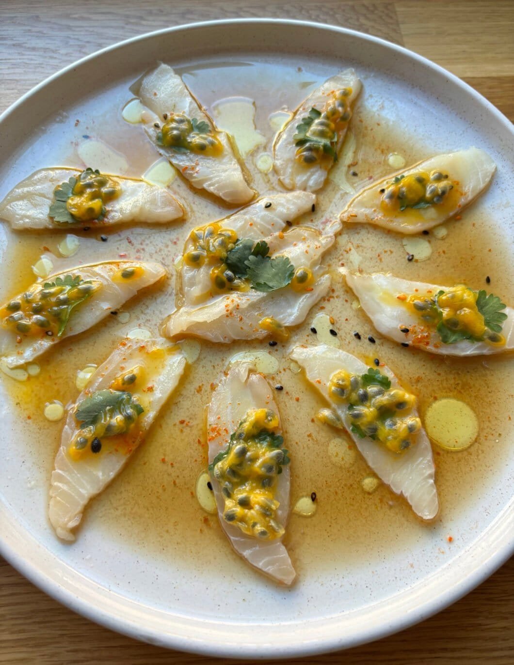 White fish crudo with passionfruit and a ponzu sauce