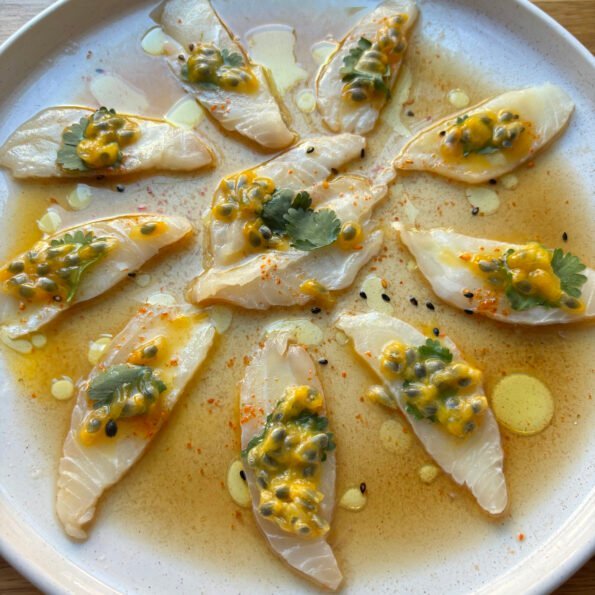 White fish crudo with passionfruit and a ponzu sauce