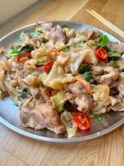 Drunken noodles - wide noodles with pork, veggies and chilies