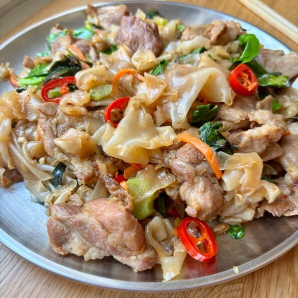 Drunken noodles - wide noodles with pork, veggies and chilies